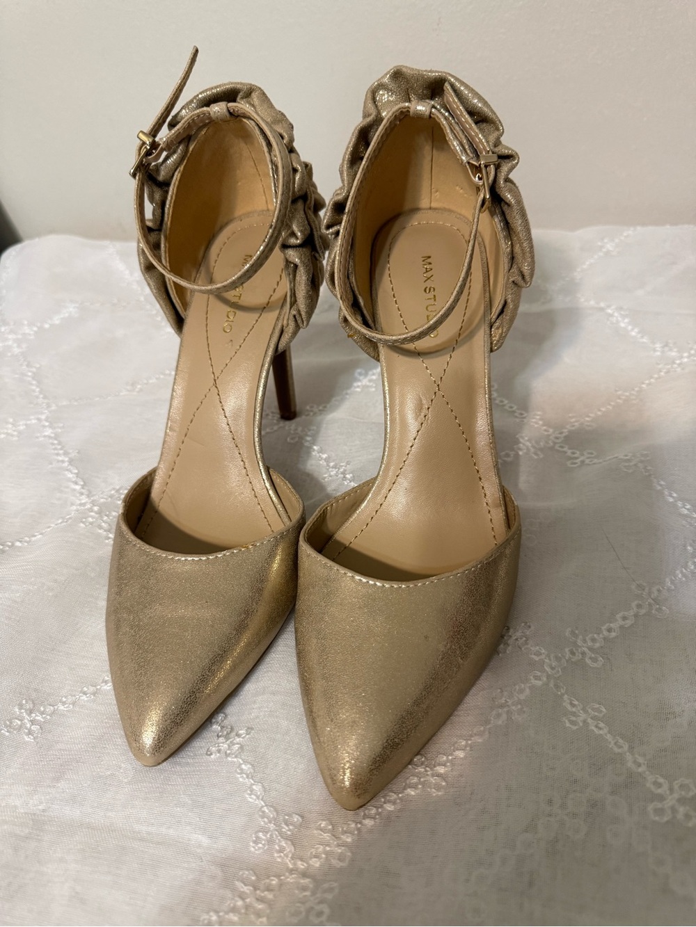 Max Studio Gold Pointed-Toe Ankle-Strap Heels with Ruffle Detail